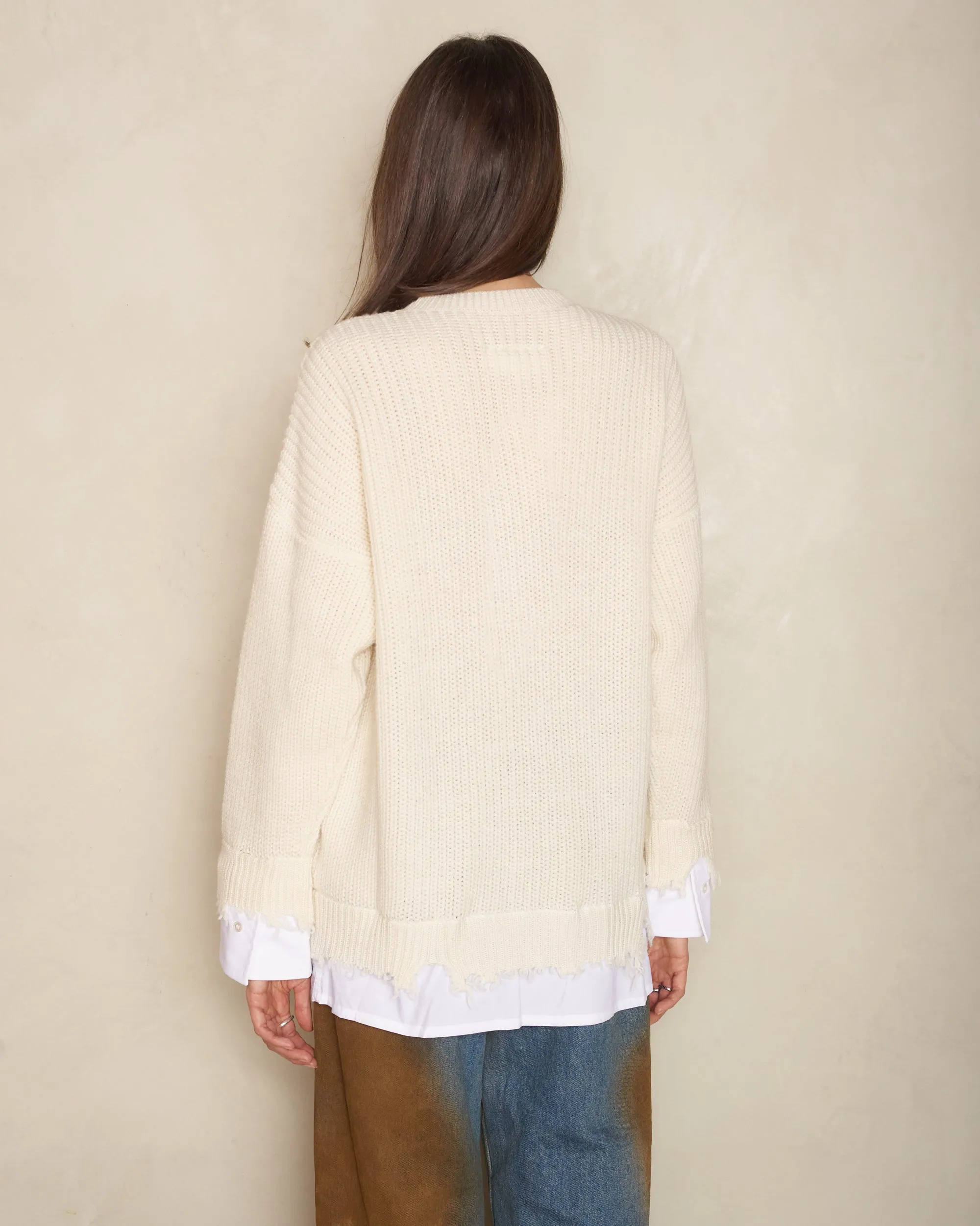 Cream Frayed Hem Knit Sweater