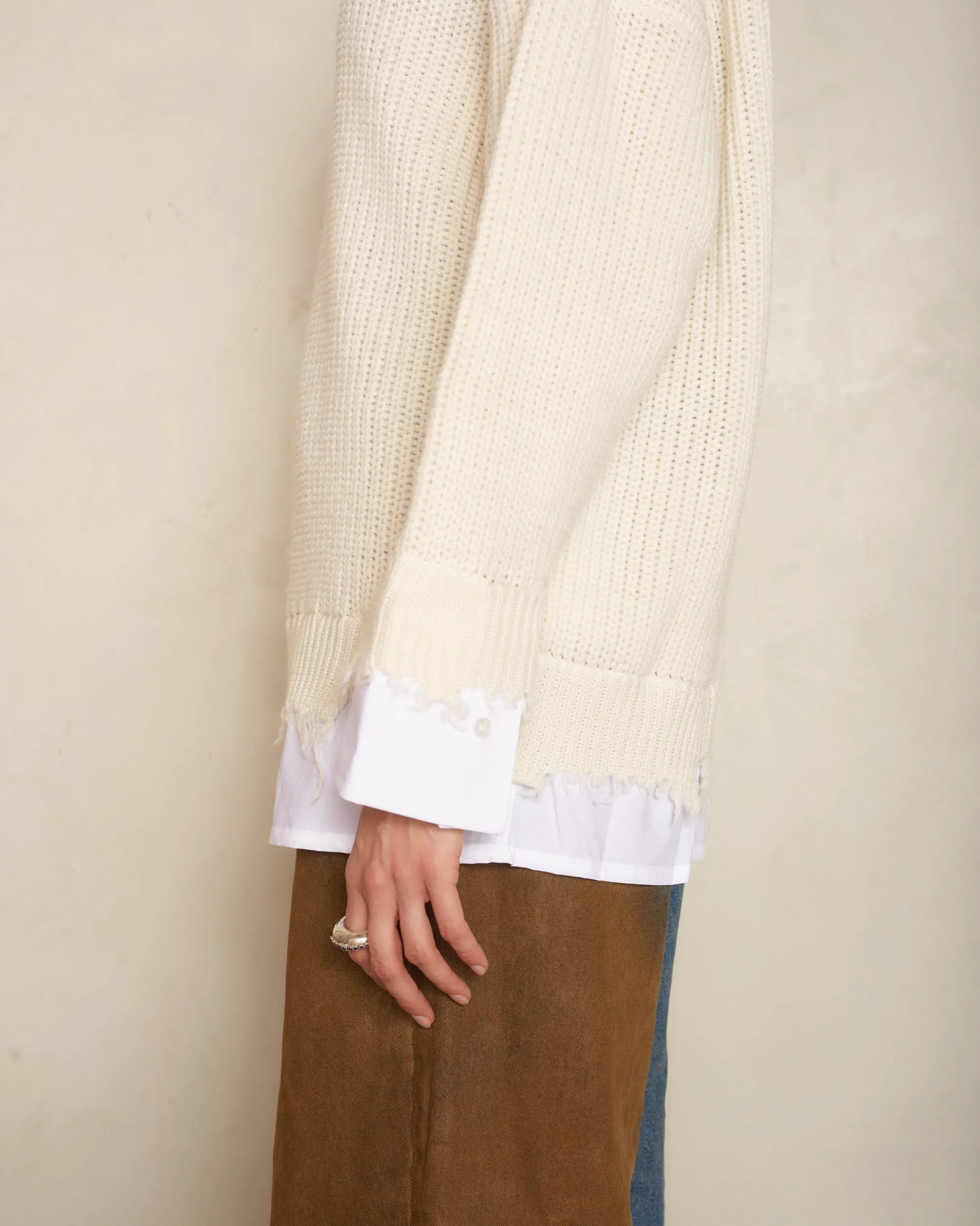 Cream Frayed Hem Knit Sweater