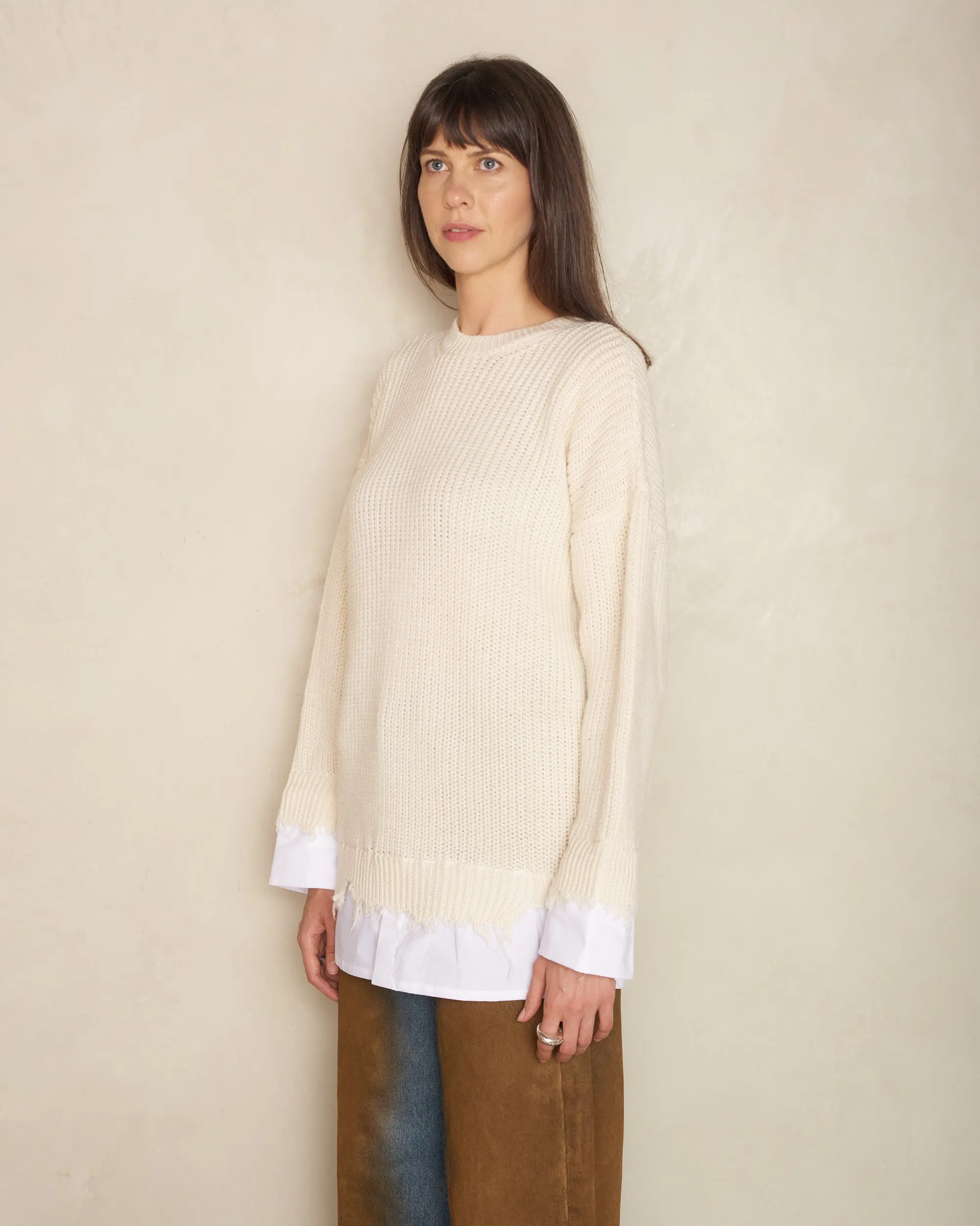 Cream Frayed Hem Knit Sweater