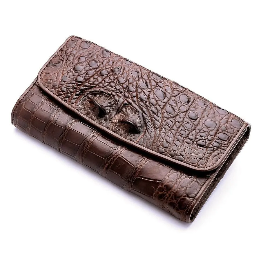 Dark Brown Genuine Crocodile Bone Skin Womens Wallet