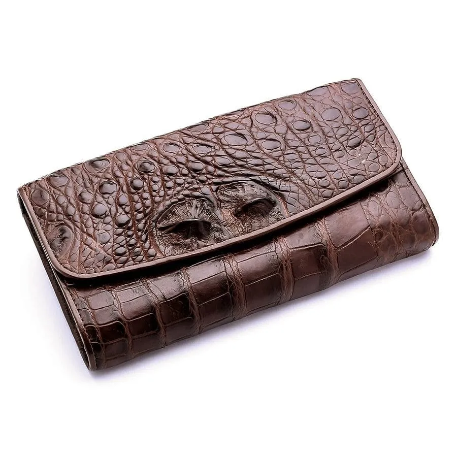 Dark Brown Genuine Crocodile Bone Skin Womens Wallet