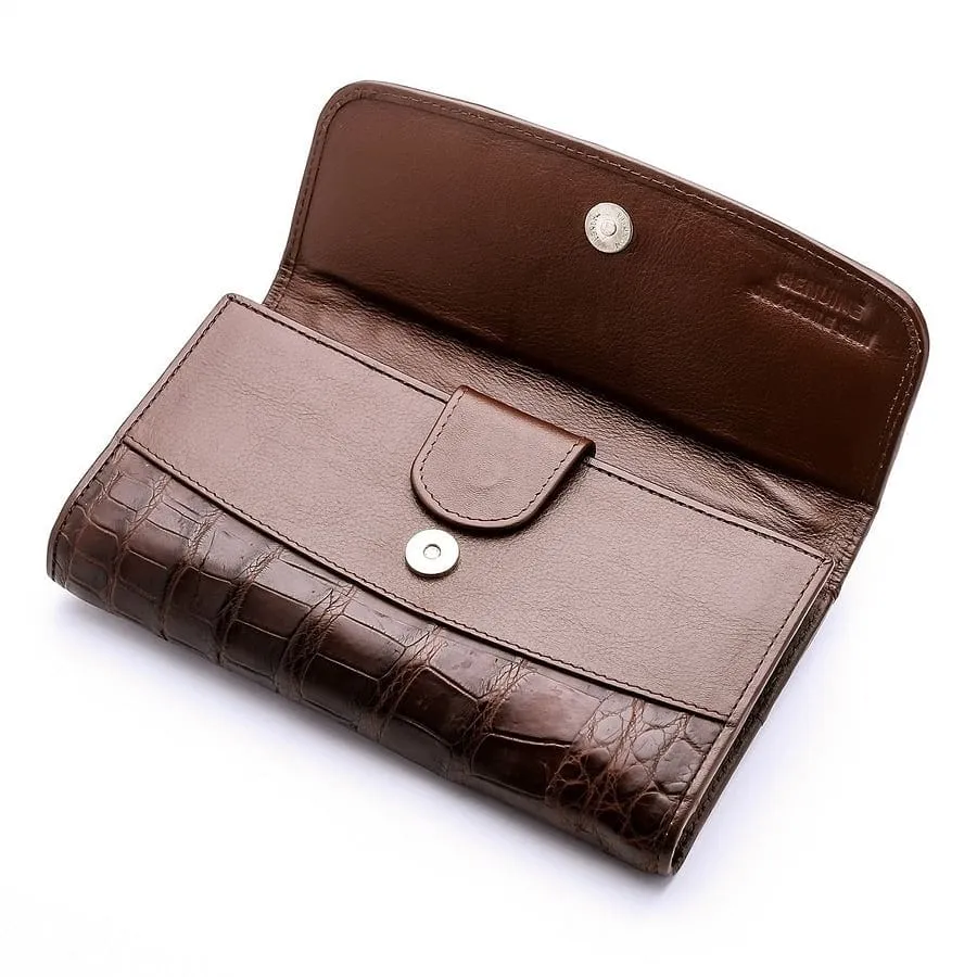 Dark Brown Genuine Crocodile Bone Skin Womens Wallet