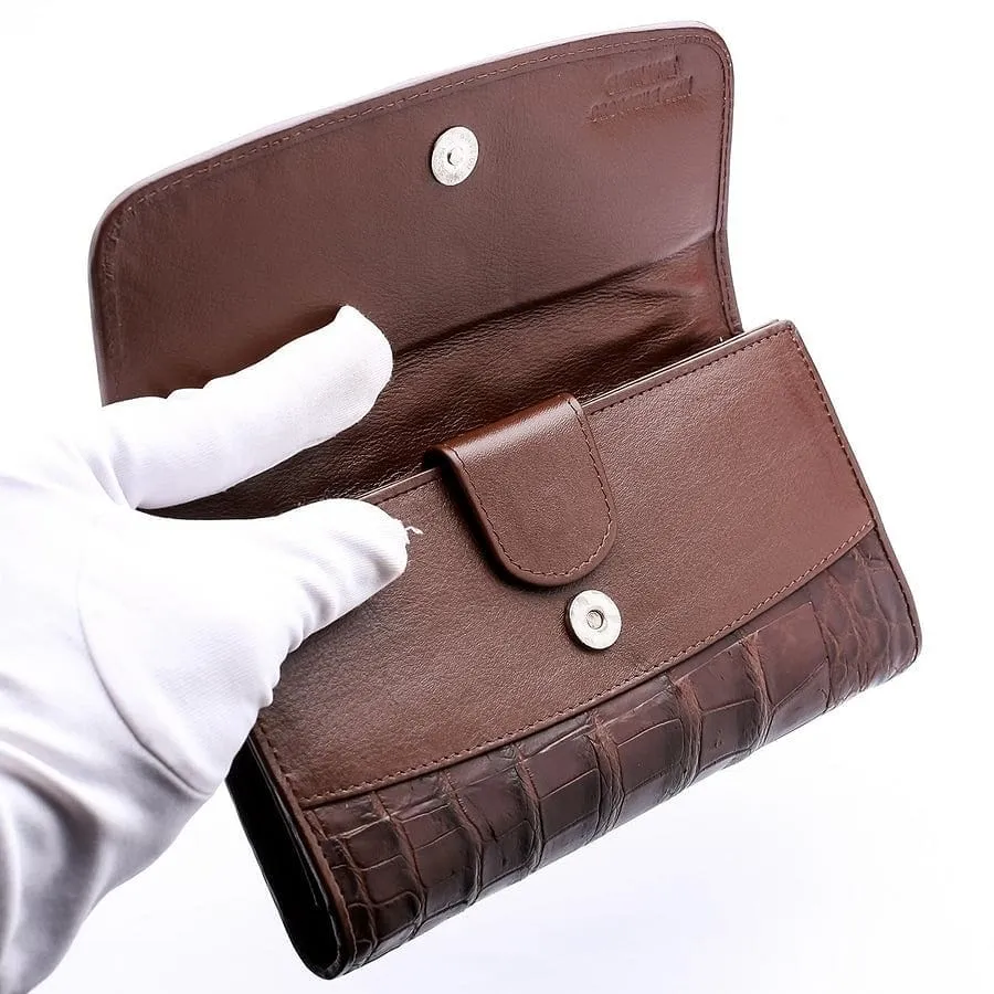 Dark Brown Genuine Crocodile Bone Skin Womens Wallet