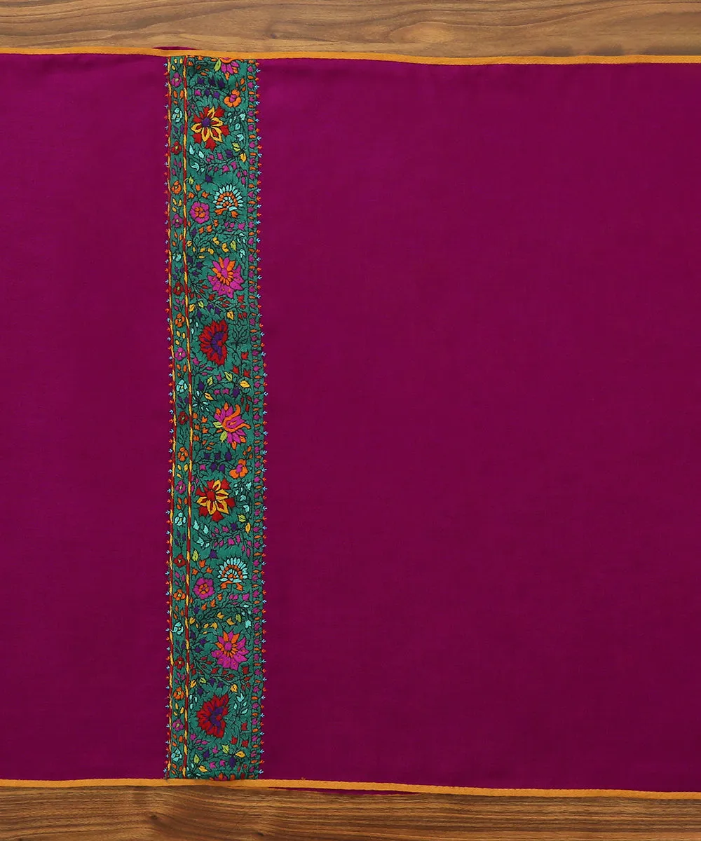 Dark Purple Pure Pashmina Scarf With Applique Border In Kalamkari