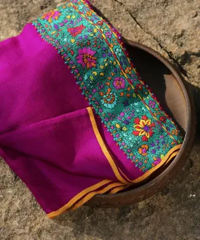 Dark Purple Pure Pashmina Scarf With Applique Border In Kalamkari