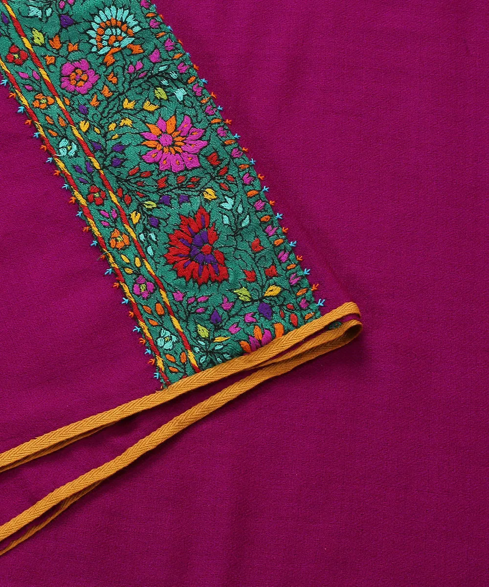 Dark Purple Pure Pashmina Scarf With Applique Border In Kalamkari