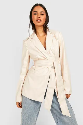 Faux Leather Obi Tie Waist Blazer