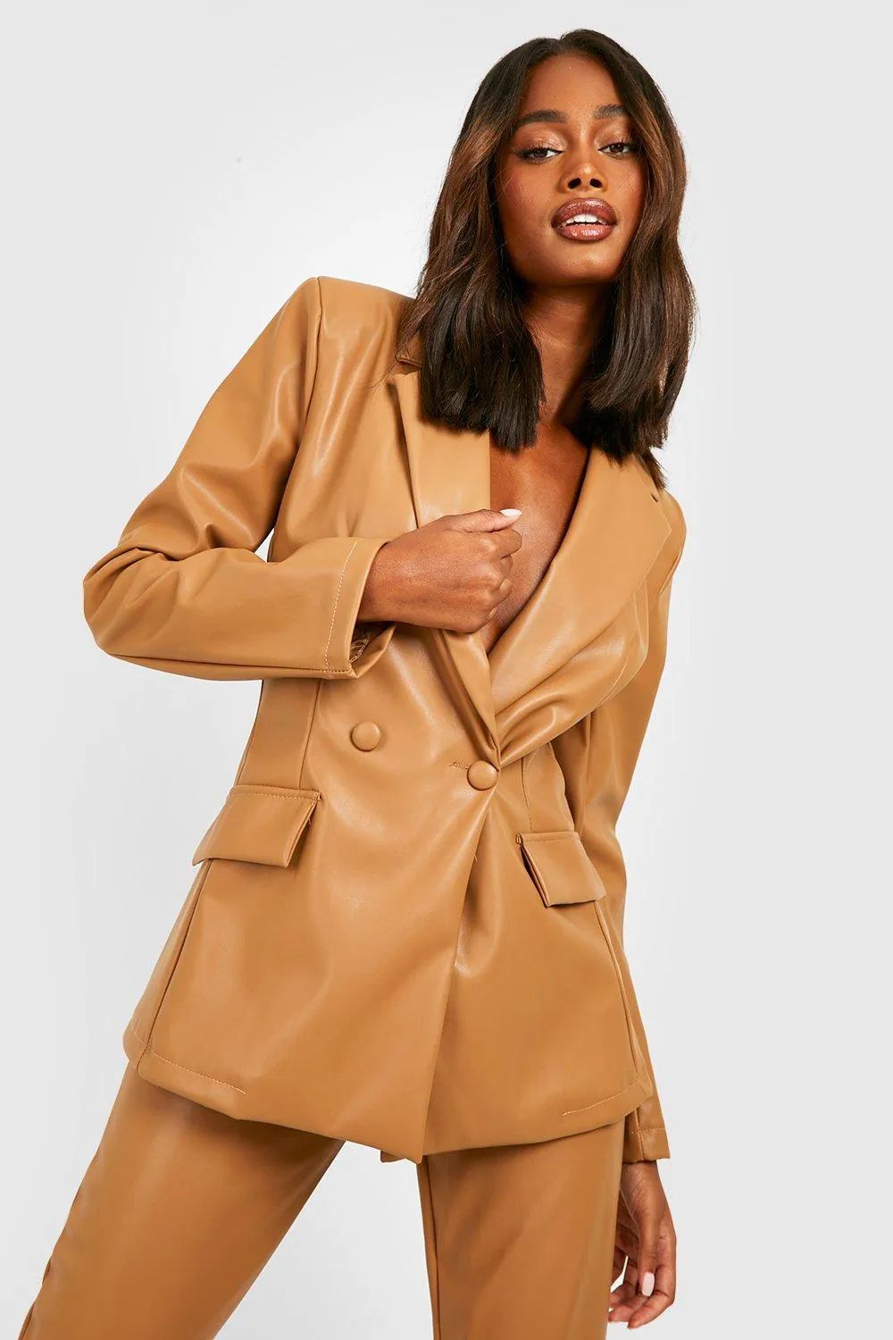 Faux Leather Plunge Fitted Tailored Blazer