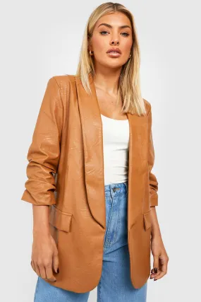 Faux Leather Ruched Sleeve Blazer