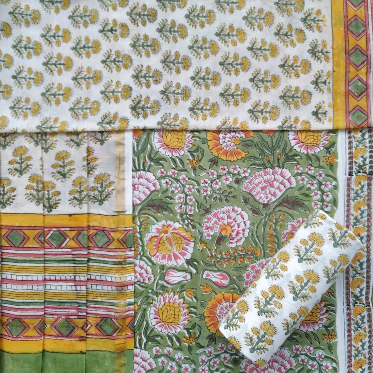 Floral Jaal Hand Block Print Cotton Suit Set with Chanderi Dupatta  (CHD90)