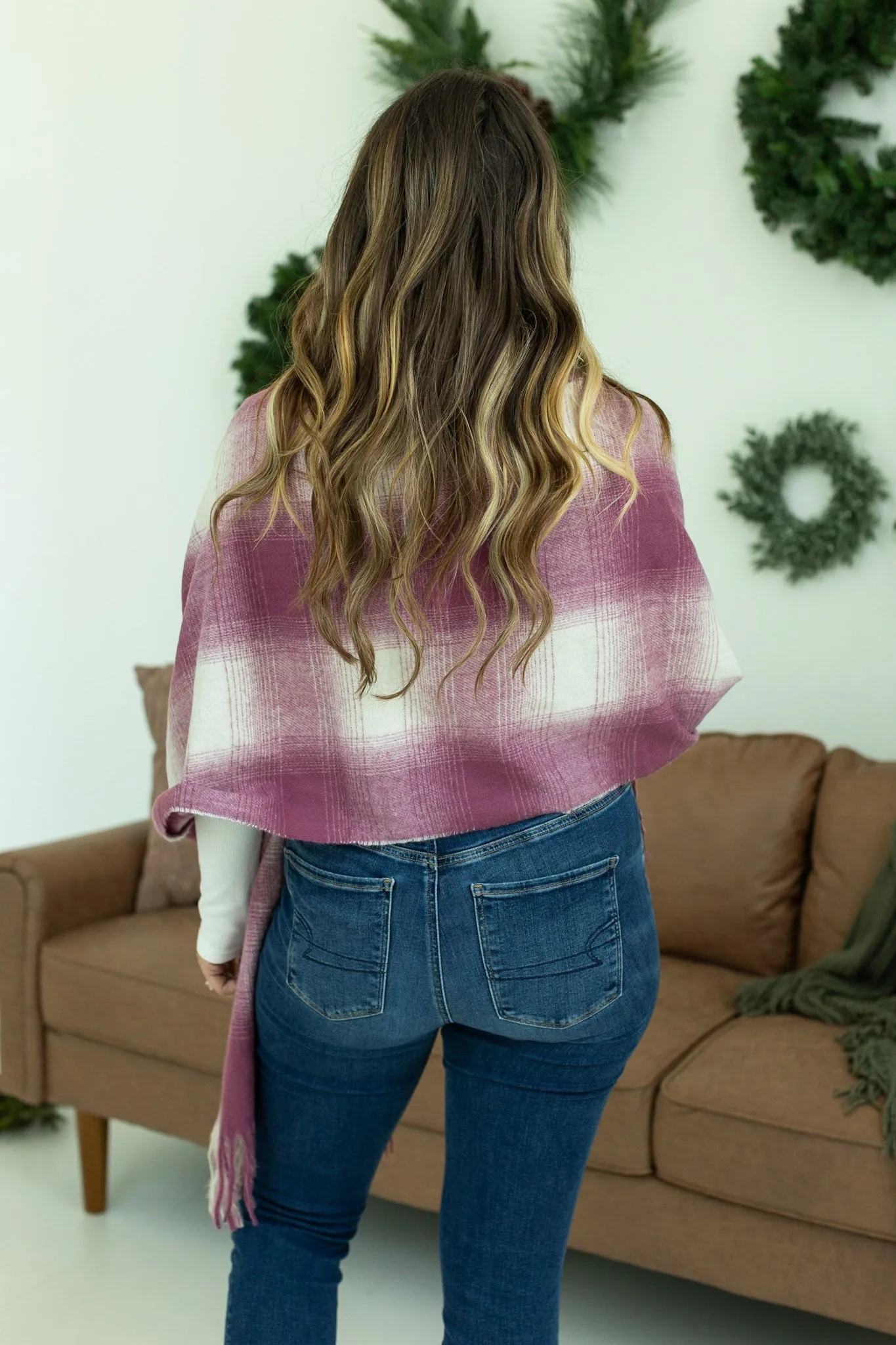 Fringe Plaid Scarf - Berry