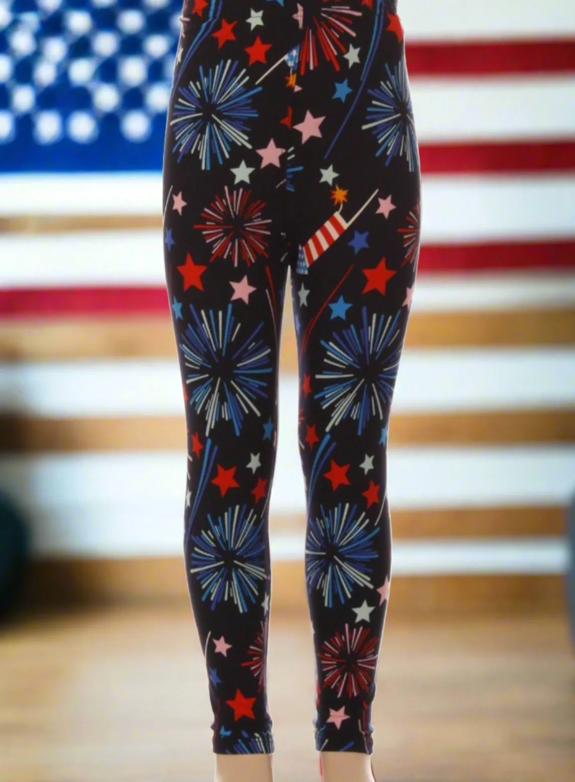 Girls 4th of July American Flag Sparkler Leggings, Kids Yoga Pants, Sizes S/L, Red/White/Blue