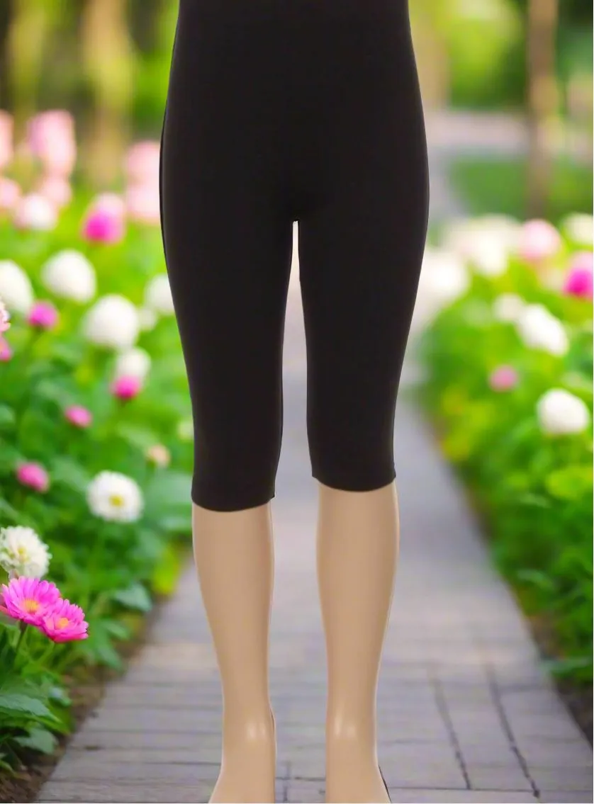 Girls Capri Black Leggings, Kids Soft Yoga Pants, Sizes S/L, No-Roll Waist, Solid Black