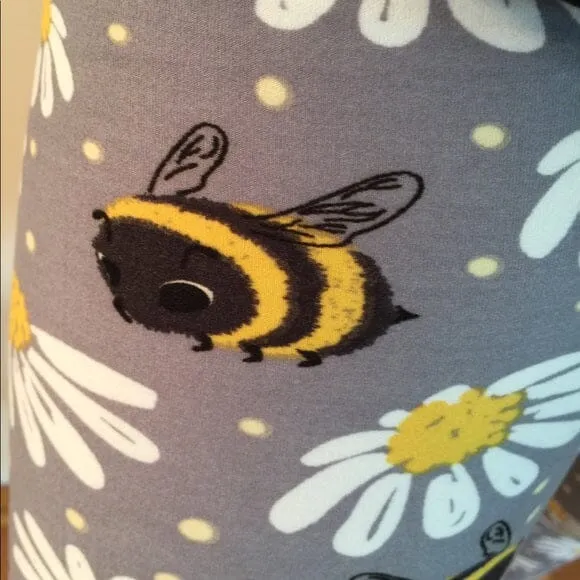 Girls Daisy Bee Leggings, Kids Yoga Pants, Sizes S/L, No-Roll Waist, Gray/Yellow