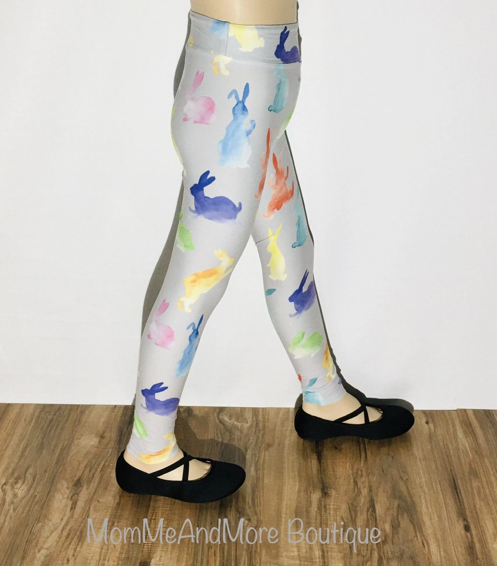 Girls Easter Bunny Leggings, Kids Yoga Pants, Sizes S/L, Yoga Waist, Gray/Multi, Exclusive Leggings