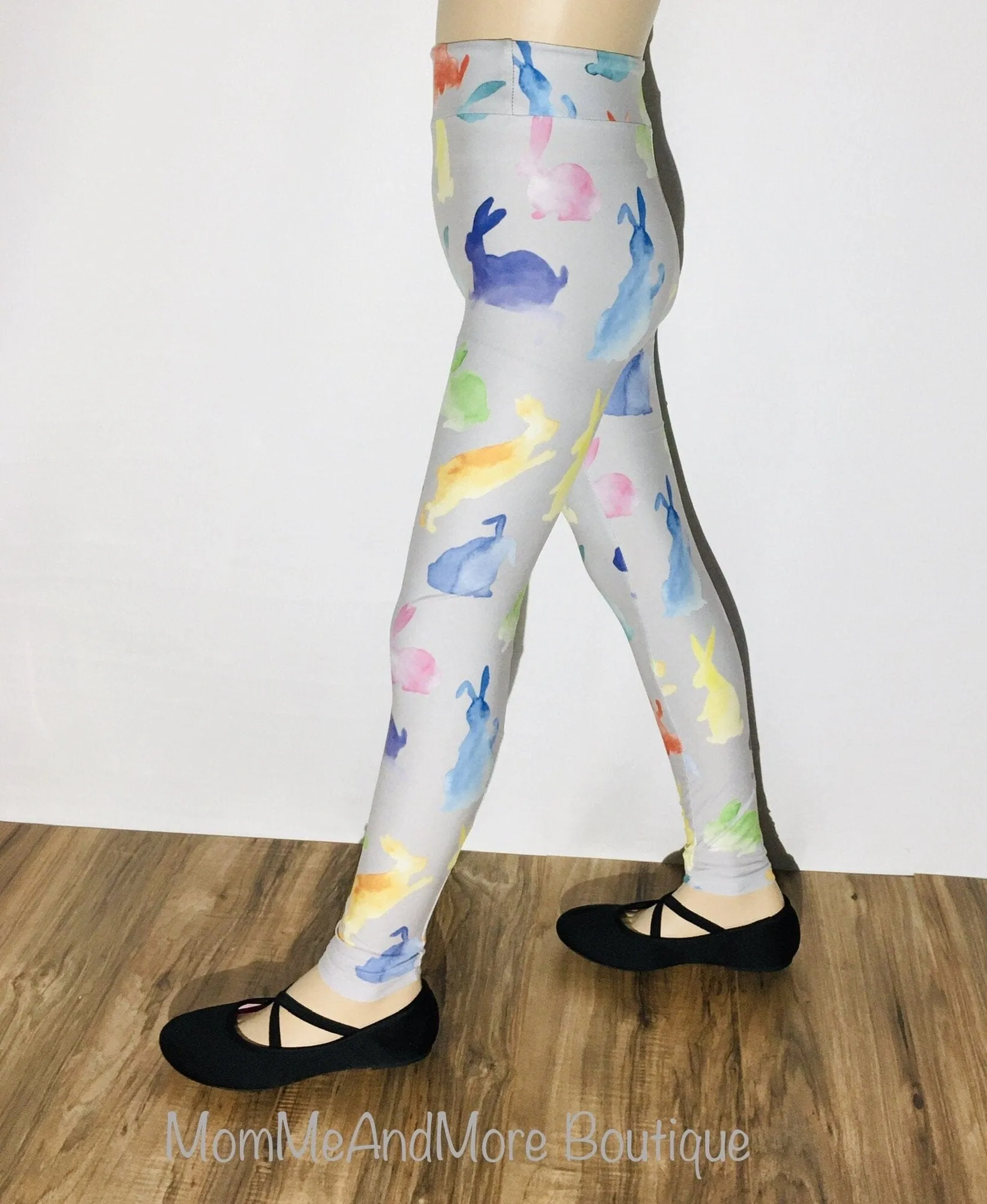 Girls Easter Bunny Leggings, Kids Yoga Pants, Sizes S/L, Yoga Waist, Gray/Multi, Exclusive Leggings