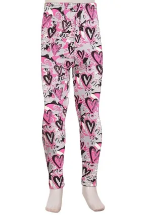 Girls Heart Valentines Day Leggings, Kids Yoga Pants, Sizes S/L, No-Roll Waist, Pink