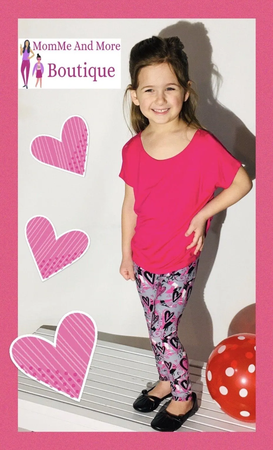 Girls Heart Valentines Day Leggings, Kids Yoga Pants, Sizes S/L, No-Roll Waist, Pink