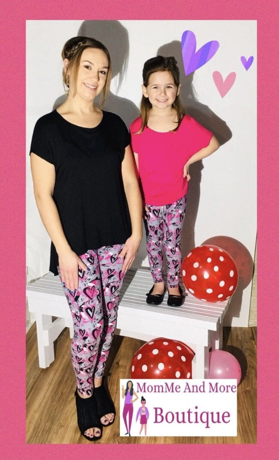 Girls Heart Valentines Day Leggings, Kids Yoga Pants, Sizes S/L, No-Roll Waist, Pink