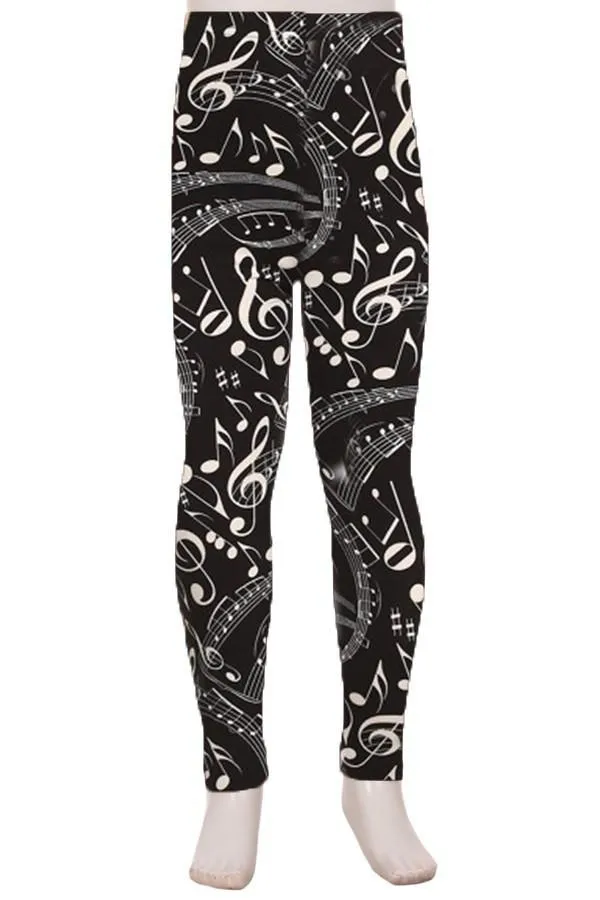 Girls Music Note Leggings, Kids Yoga Pants, Sizes S/L, No-Roll Waist, Black/White