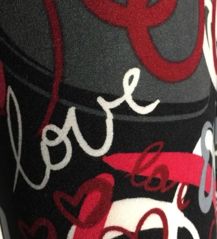 Girls Valentines Day Leggings, Kids Yoga Pants, Sizes S/L, No-Roll Waist, Black/Red