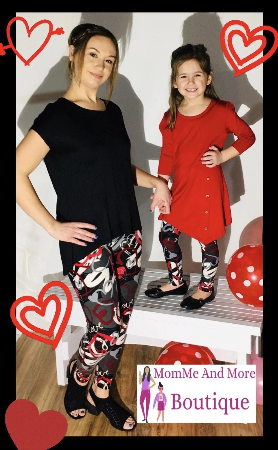 Girls Valentines Day Leggings, Kids Yoga Pants, Sizes S/L, No-Roll Waist, Black/Red