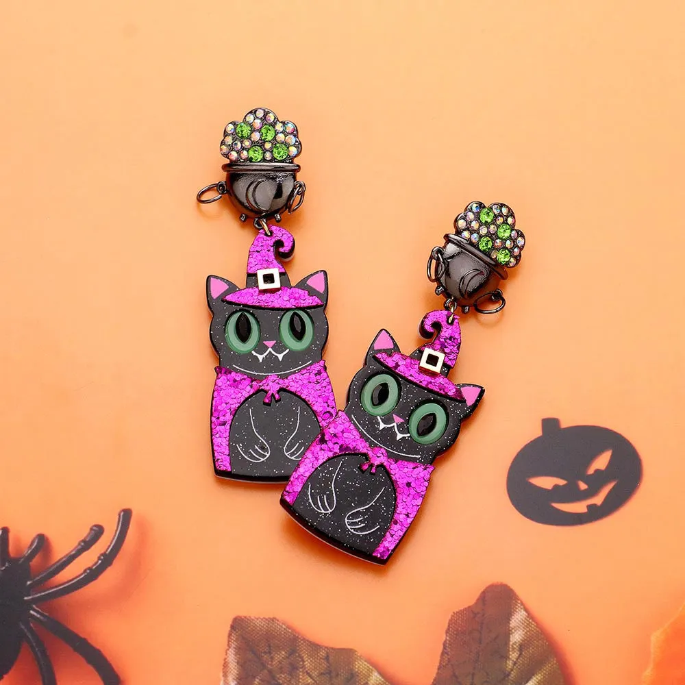 iLLASPARKZ Resin Halloween Witch Cat Dangle Earrings