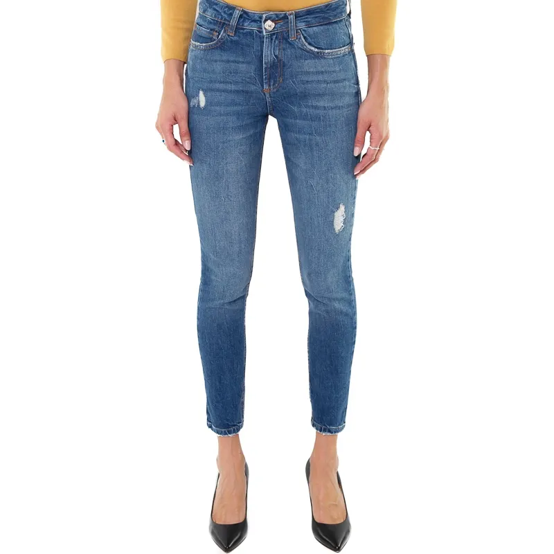 JEANS VITA ALTA CON ROTTURE E BOTTONE GIOIELLO, BLU