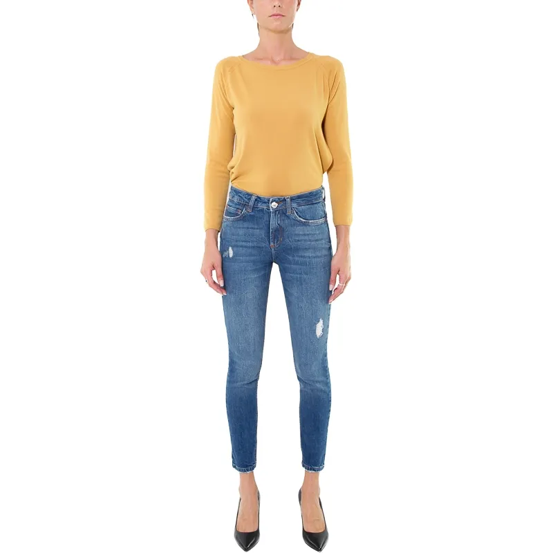 JEANS VITA ALTA CON ROTTURE E BOTTONE GIOIELLO, BLU