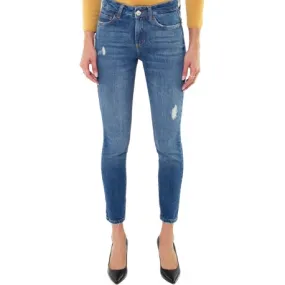 JEANS VITA ALTA CON ROTTURE E BOTTONE GIOIELLO, BLU