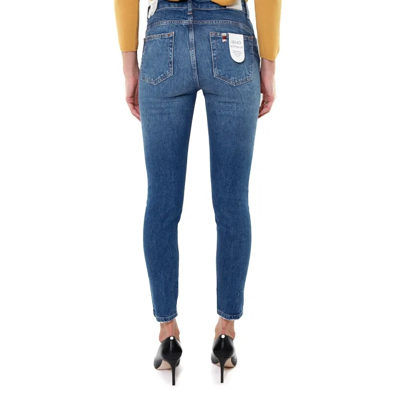 JEANS VITA ALTA CON ROTTURE E BOTTONE GIOIELLO, BLU