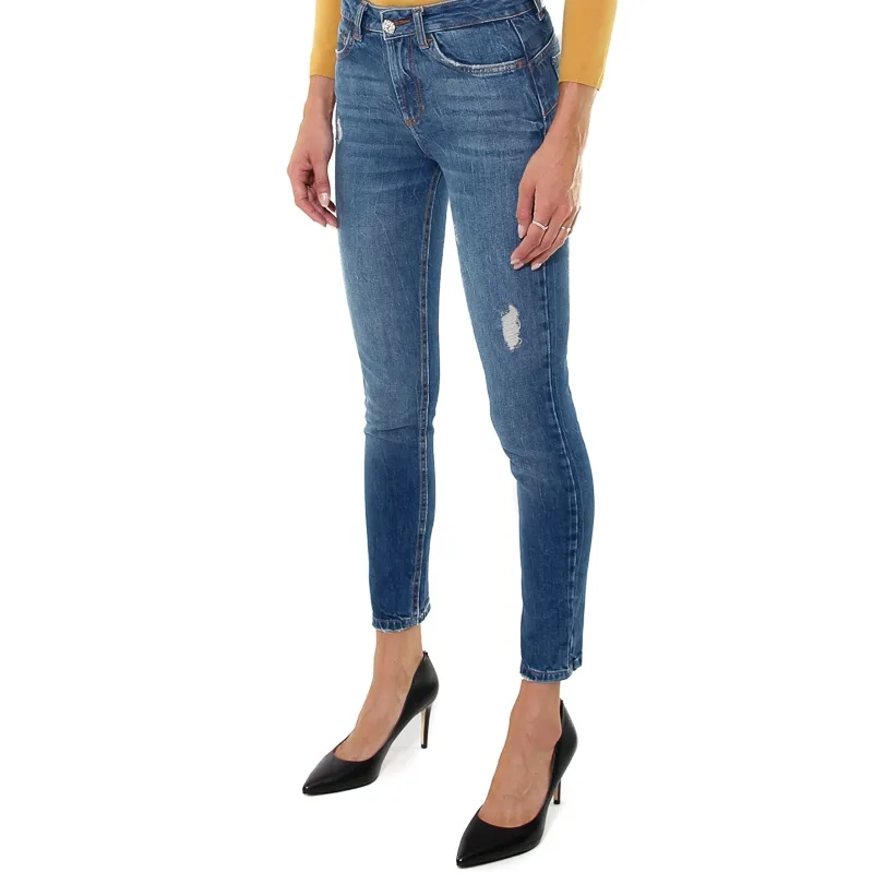 JEANS VITA ALTA CON ROTTURE E BOTTONE GIOIELLO, BLU