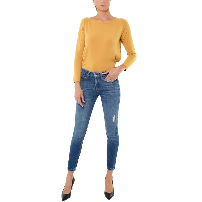 JEANS VITA ALTA CON ROTTURE E BOTTONE GIOIELLO, BLU