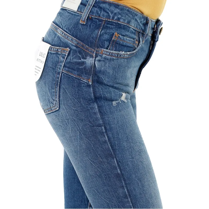 JEANS VITA ALTA CON ROTTURE E BOTTONE GIOIELLO, BLU