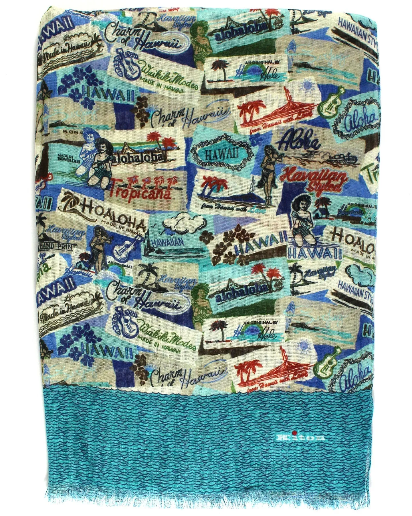 Kiton Linen Scarf Aqua Hawaii Novelty Print FINAL SALE