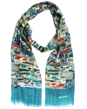 Kiton Linen Scarf Aqua Hawaii Novelty Print FINAL SALE