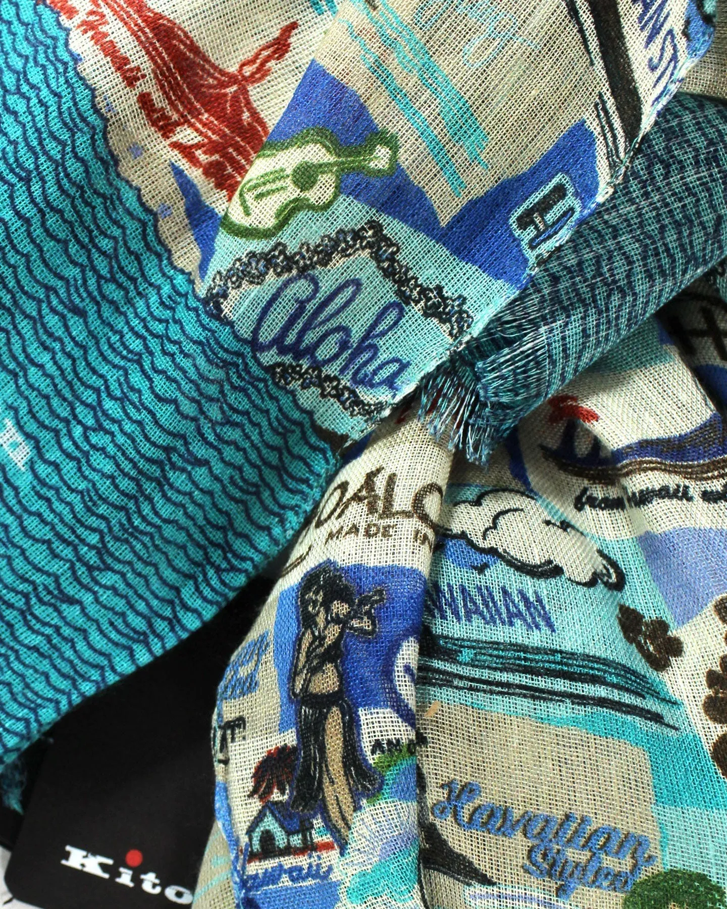 Kiton Linen Scarf Aqua Hawaii Novelty Print FINAL SALE