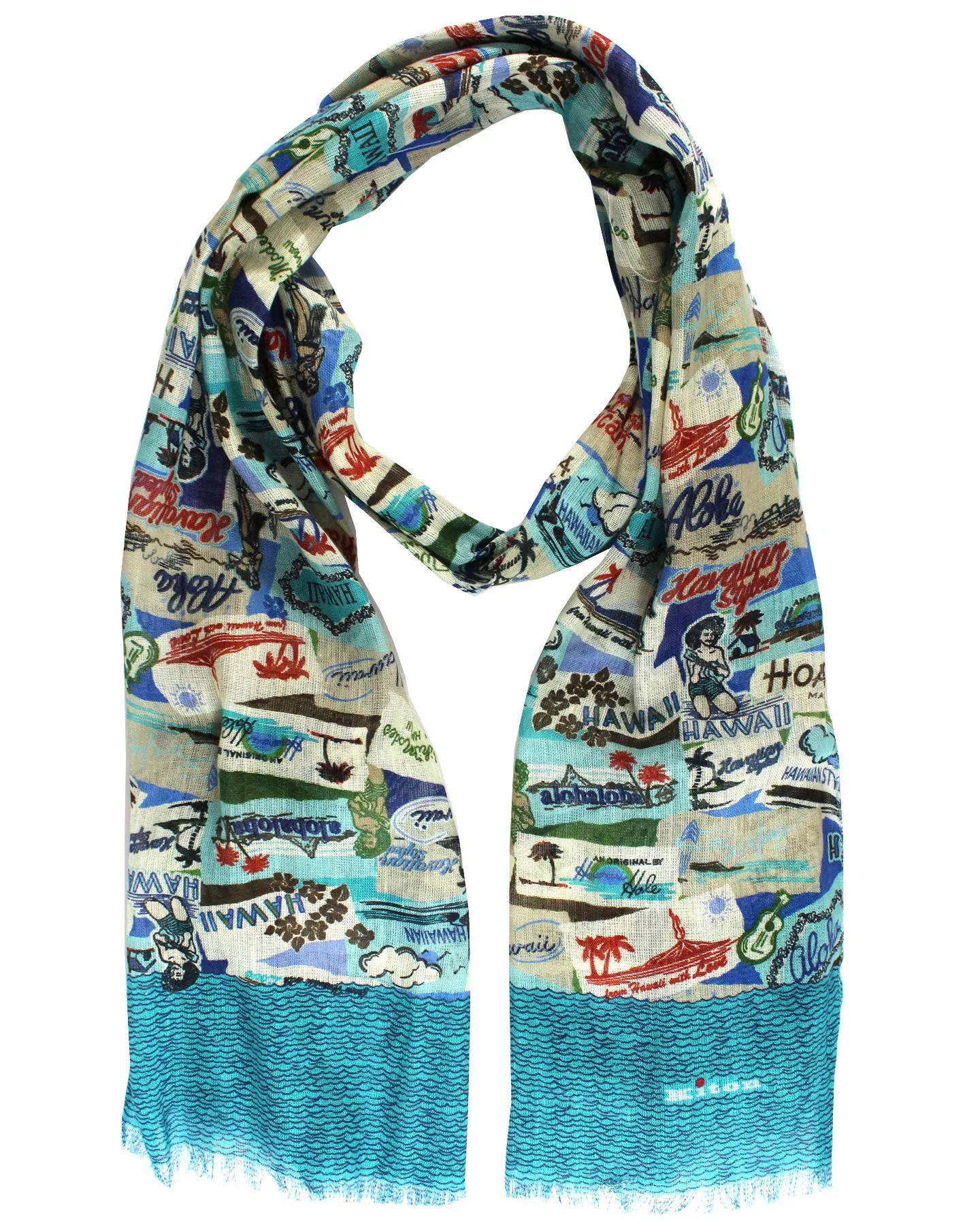 Kiton Scarf Aqua Hawaii Novelty Print - Men Collection - Silk Viscose