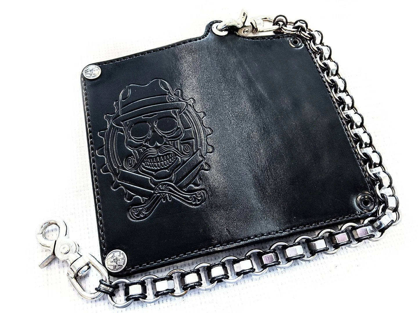 Long Biker Leather Chain Wallet - Cholo Skull