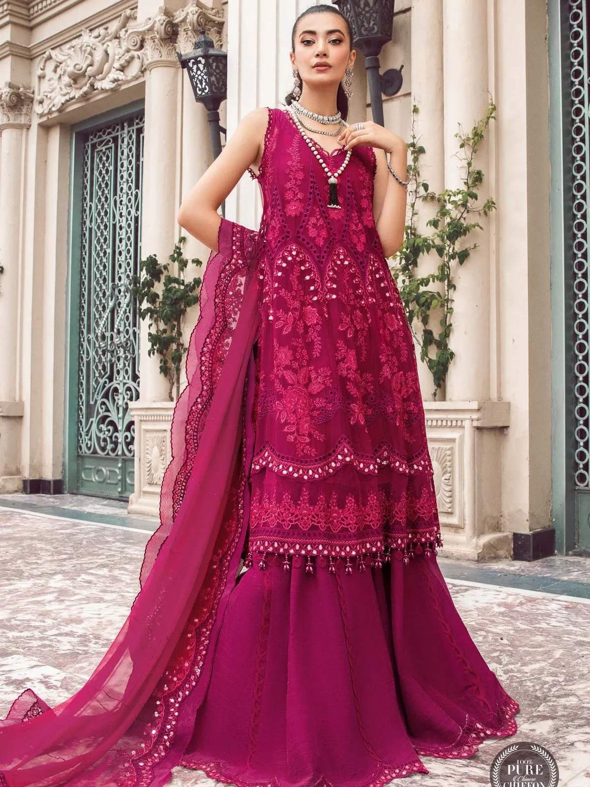 Maria.B Unstitched Chiffon Embroidered Suit MPC-23-107 Magenta Pink