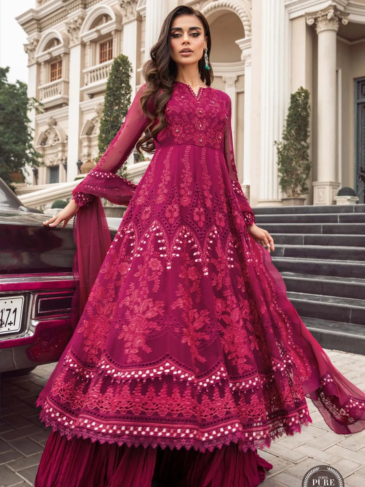 Maria.B Unstitched Chiffon Embroidered Suit MPC-23-107 Magenta Pink