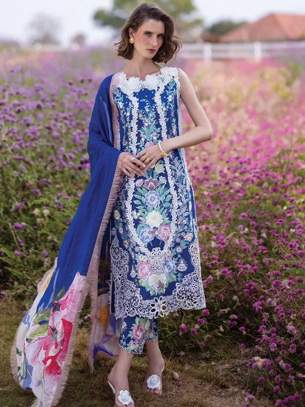 Mushq Hemline The Secerat Garden Unstitched Lawn 3Pc Suit HML24-2B Blue Morpho