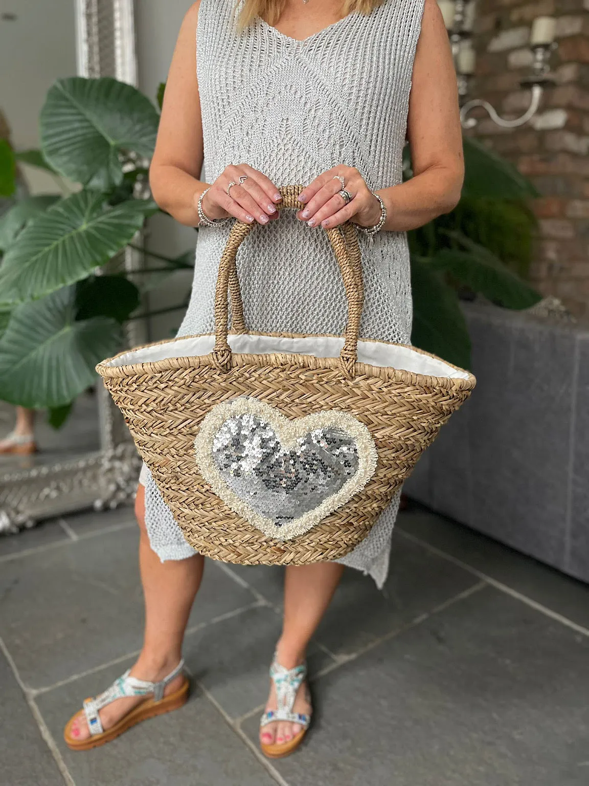 Natural Luxury Sequin Heart Tote Bag