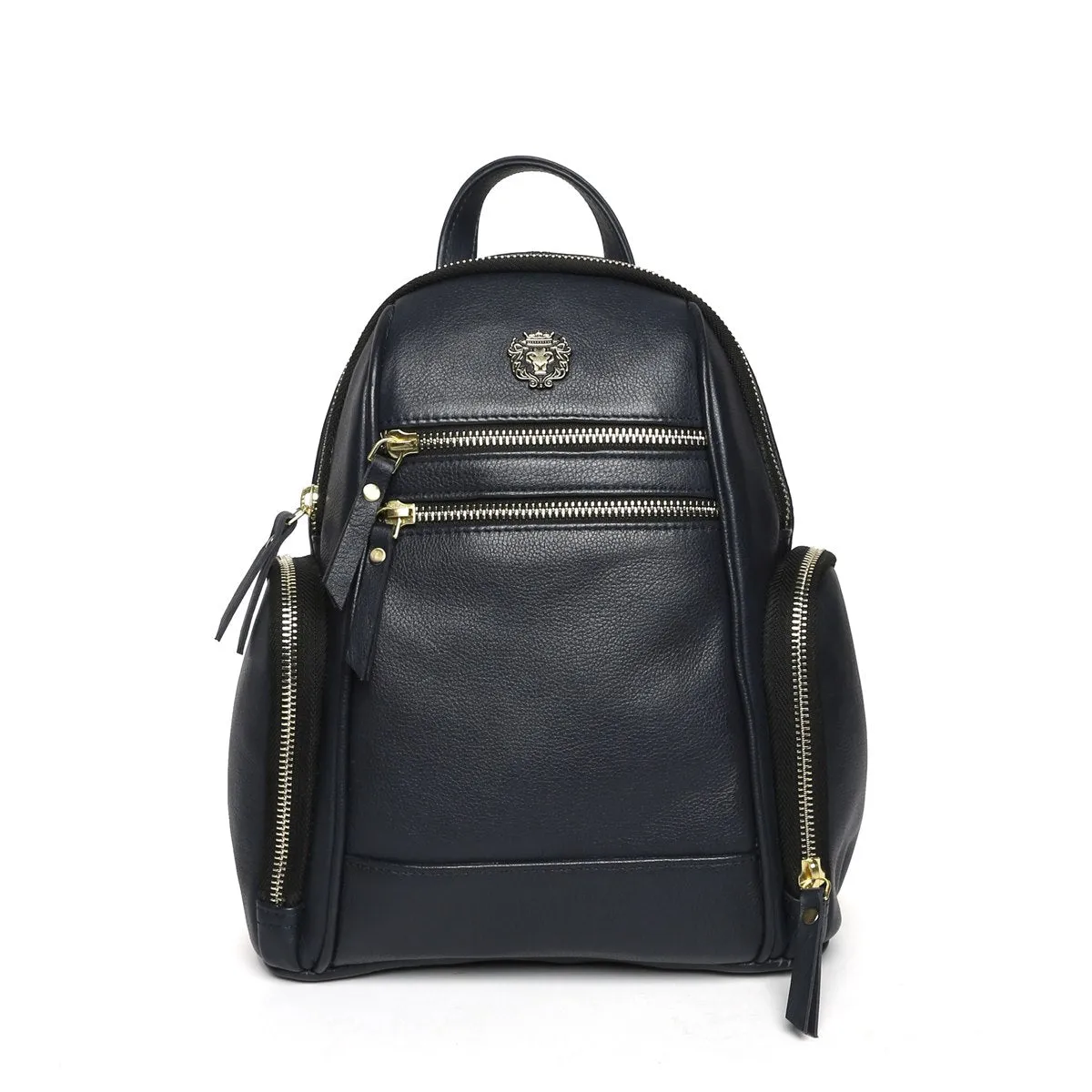 Navy Blue Genuine Leather Ladies Backpack with Brand Logo