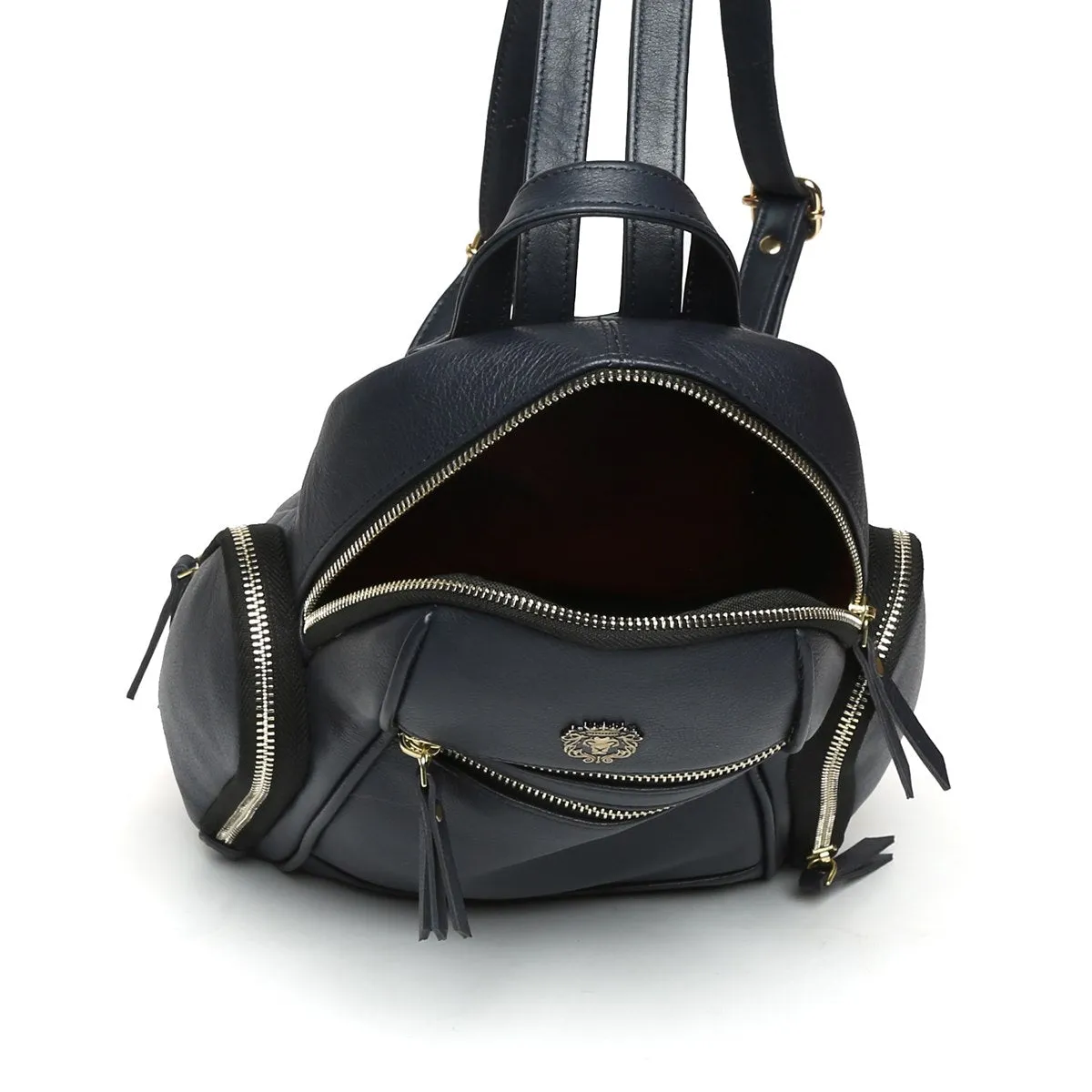 Navy Blue Genuine Leather Ladies Backpack with Brand Logo