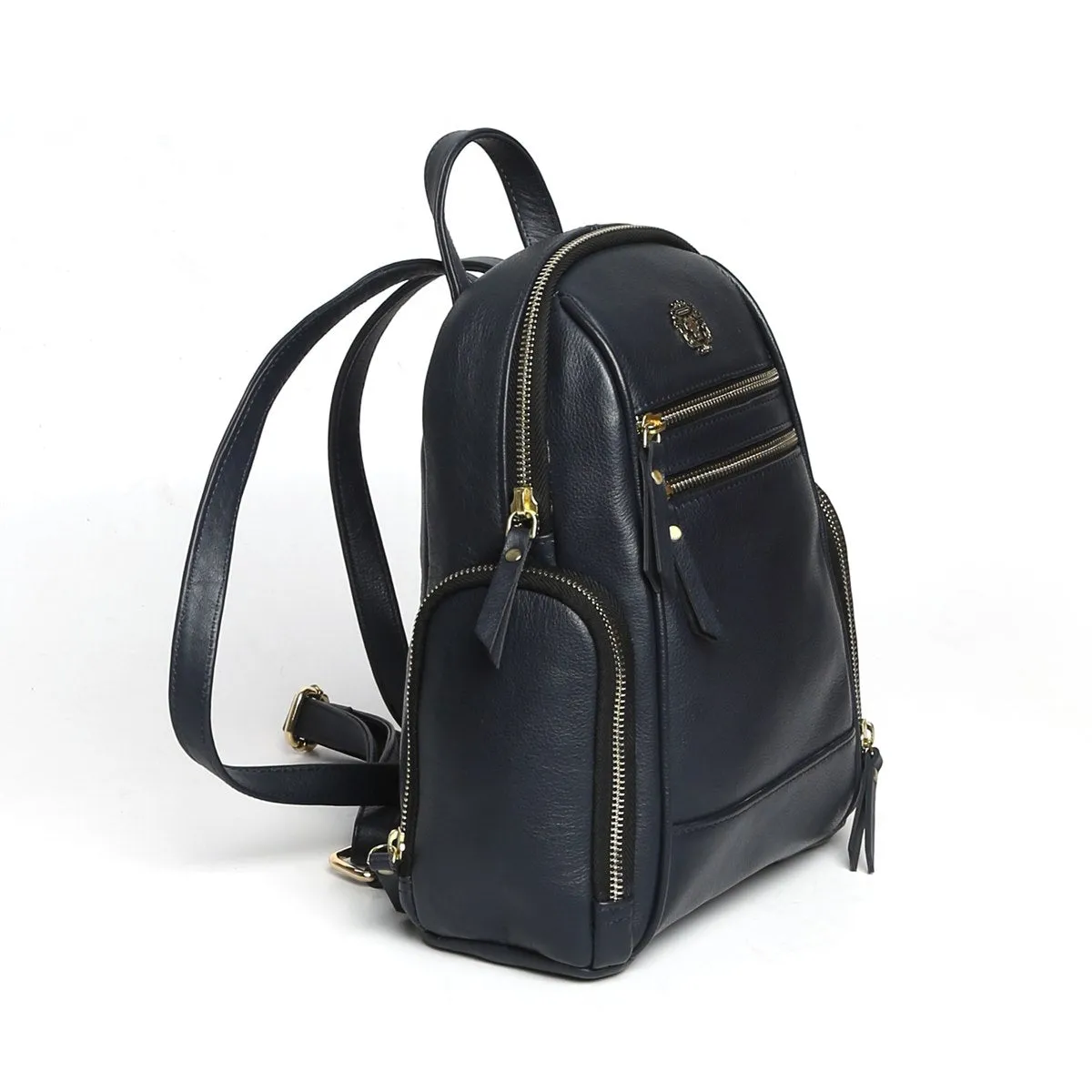 Navy Blue Genuine Leather Ladies Backpack with Brand Logo