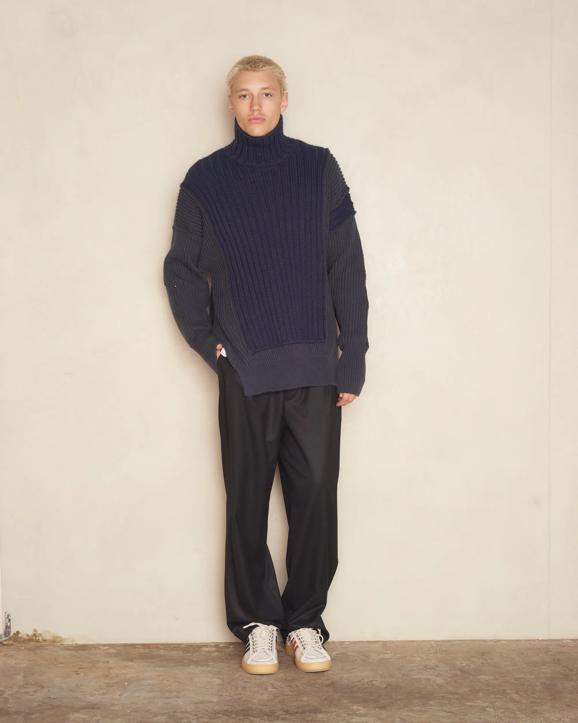 Navy Panelled Rib Sweater