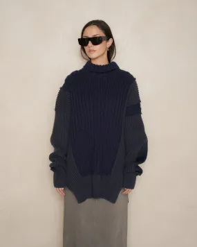 Navy Panelled Rib Sweater