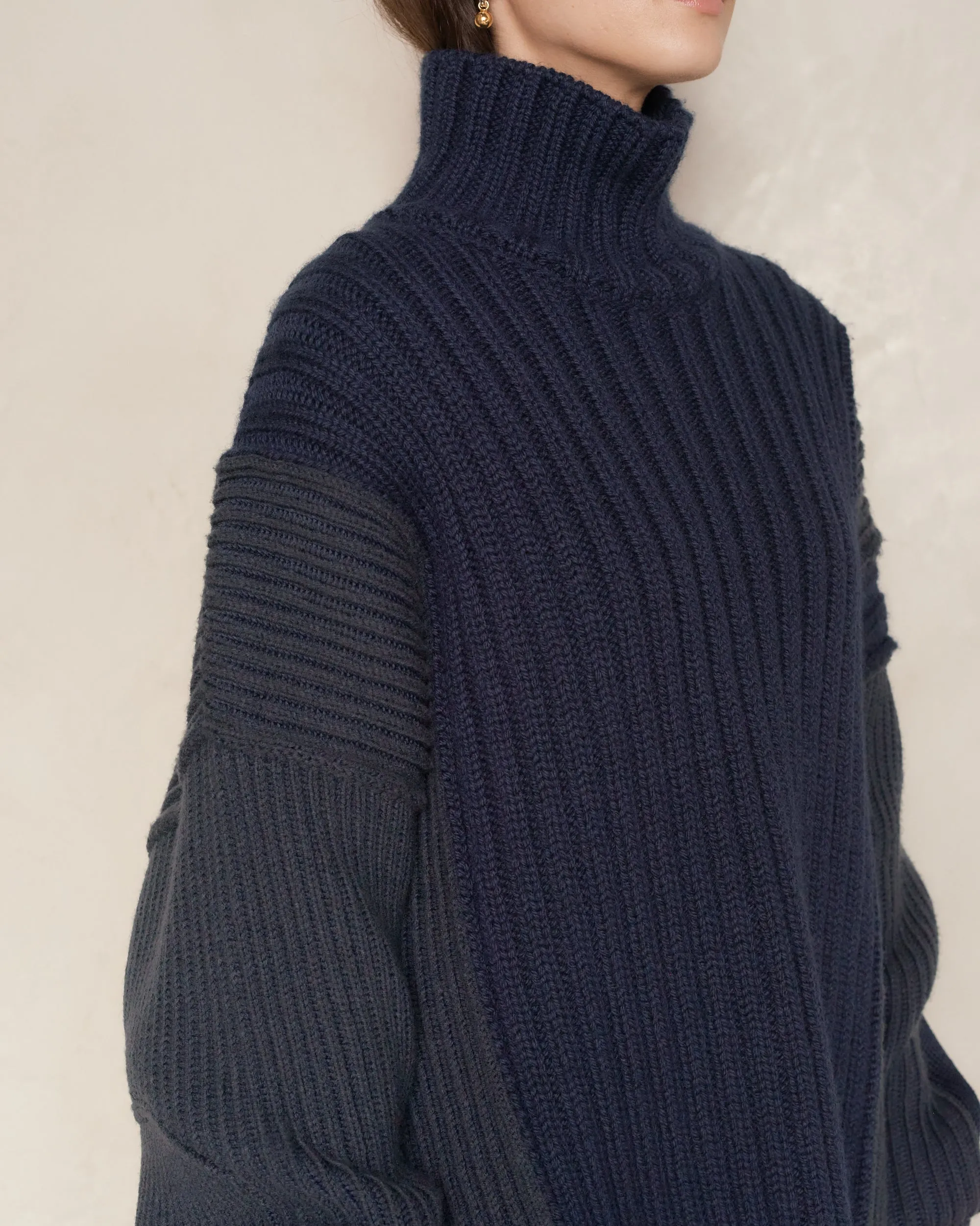 Navy Panelled Rib Sweater