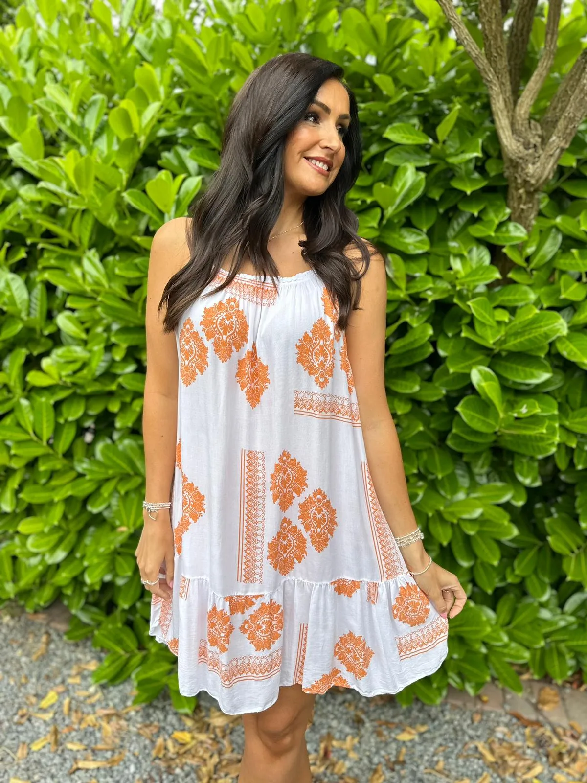 Orange Damask Pattern Strappy Dress Thea